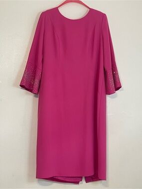 Hot Pink Rhinestone Embellished Flared Sleeve Dress Size 14 Excellent Condition